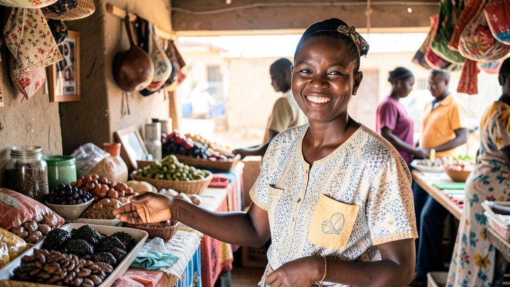 A small business owner smiling in her market shop